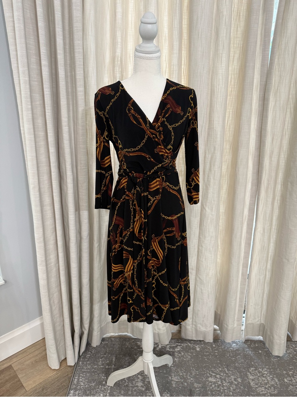 Ralph Lauren Black Dress with Brown & Gold Chain Print